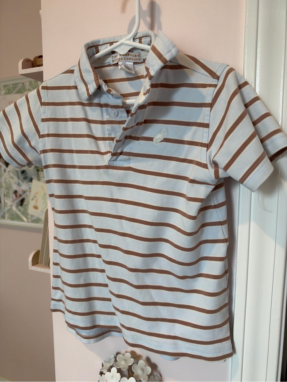 The Beaufort Bonnet Company Light Blue & Brown Striped Kids Polo